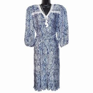 VTG DIANE FREIS DRESS 80s 90s COTTAGE GRANNY BOHO BLUE WHITE FLORAL PLEATED XL